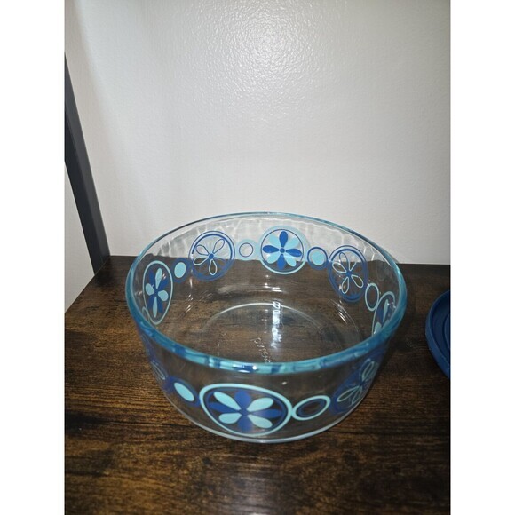 Vintage Pyrex Round‎ Glass Bowl with Lid Blue Floral Pattern 7201 - Picture 3 of 6